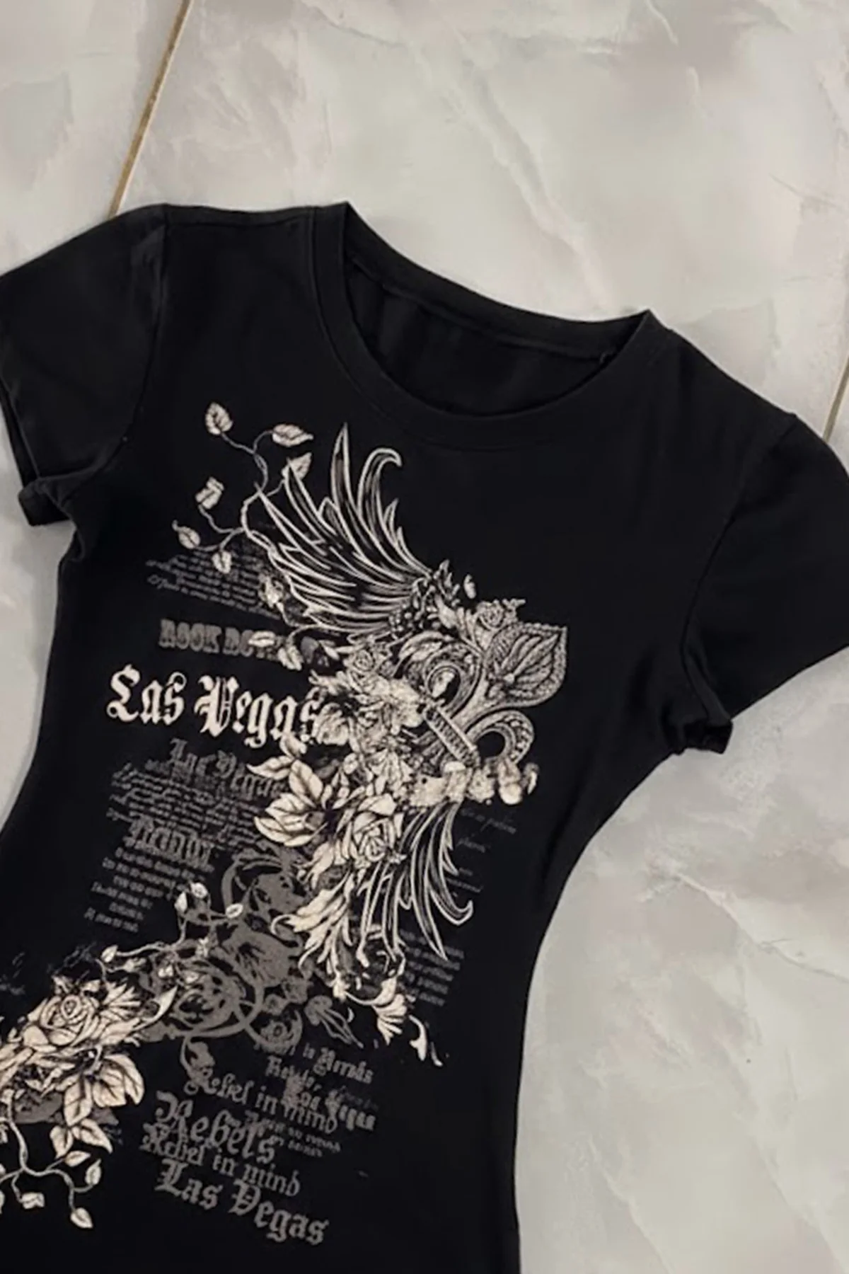 Siyah Las Vegas Rebels Grunge Y2K Kısa Kollu Crop