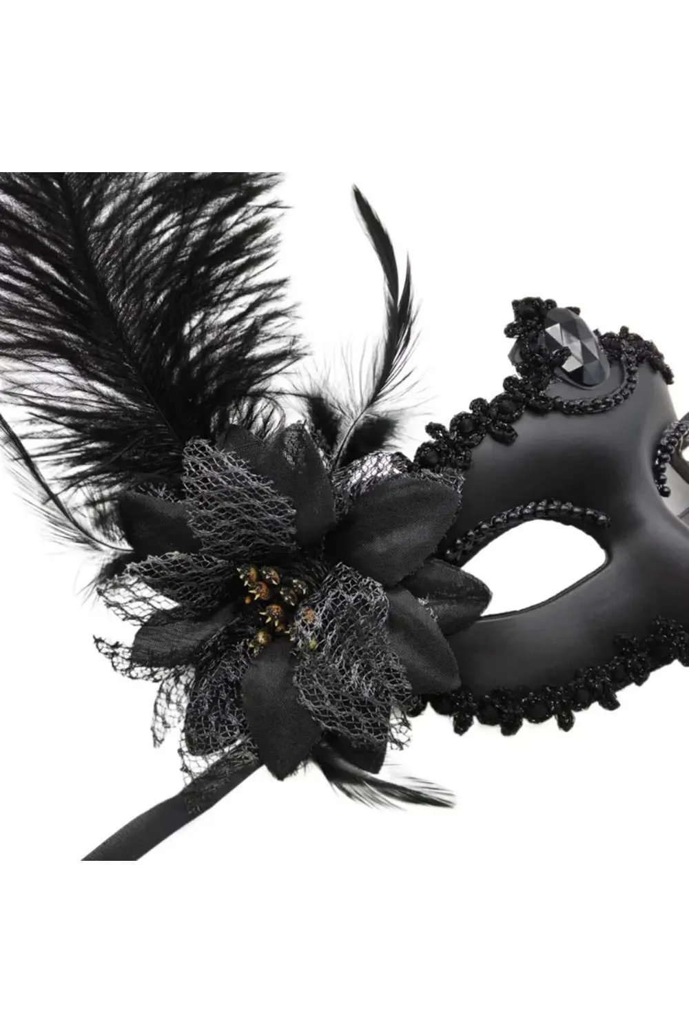 Siyah Mat Renk Yandan Tüylü Güllü Parti Balo Venedik Maskesi 16x2 Siyah Mat Renk Yandan Tüylü Güllü Parti Balo Venedik Maskesi 16x2