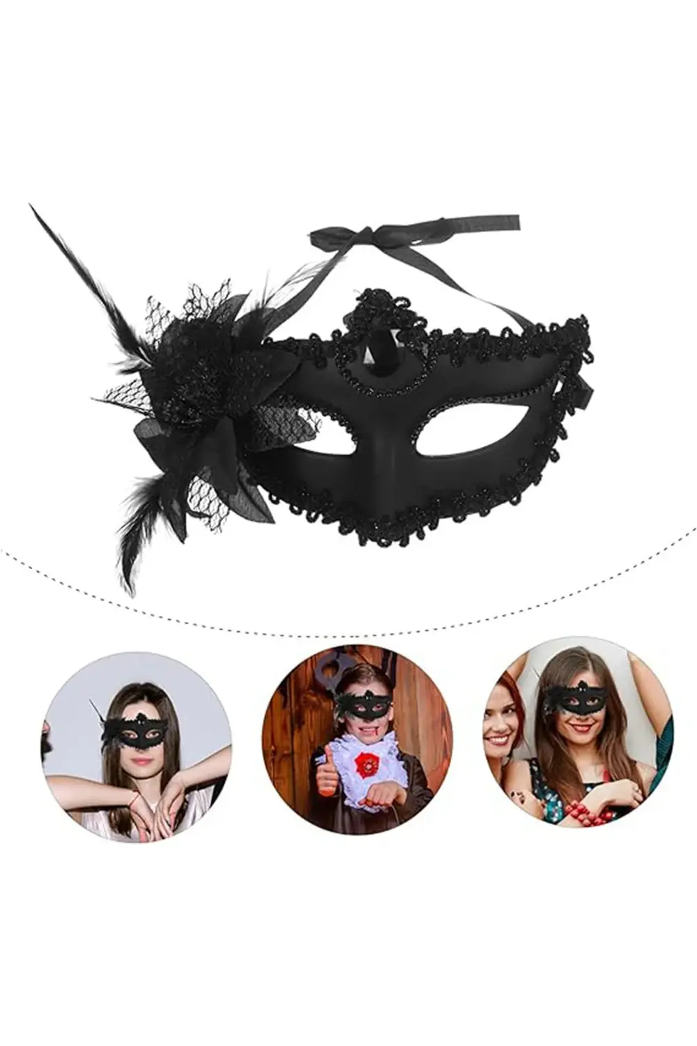 Siyah Mat Renk Yandan Tüylü Güllü Parti Balo Venedik Maskesi 16x2 Siyah Mat Renk Yandan Tüylü Güllü Parti Balo Venedik Maskesi 16x2