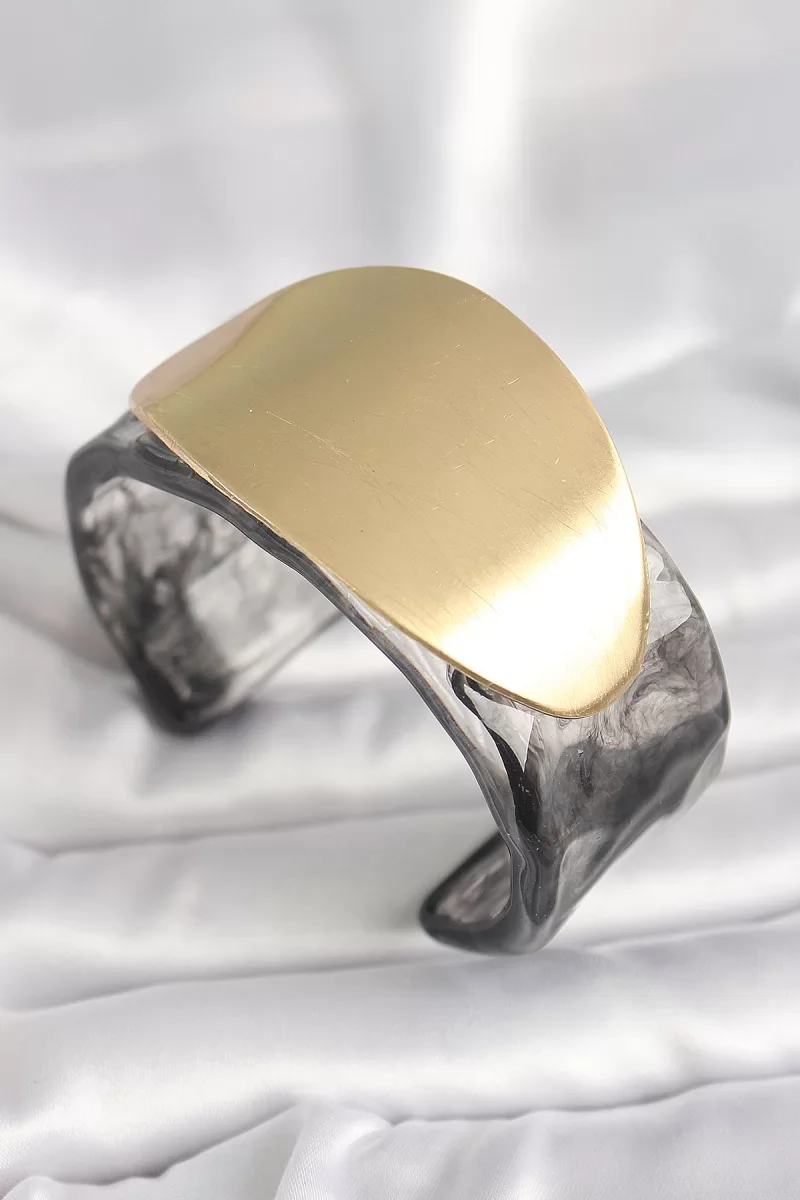 Siyah Mermer Desen Akrilik Plastik Gold Oval Plaka Model Vintage Kadın Bilezik - Lisinya
