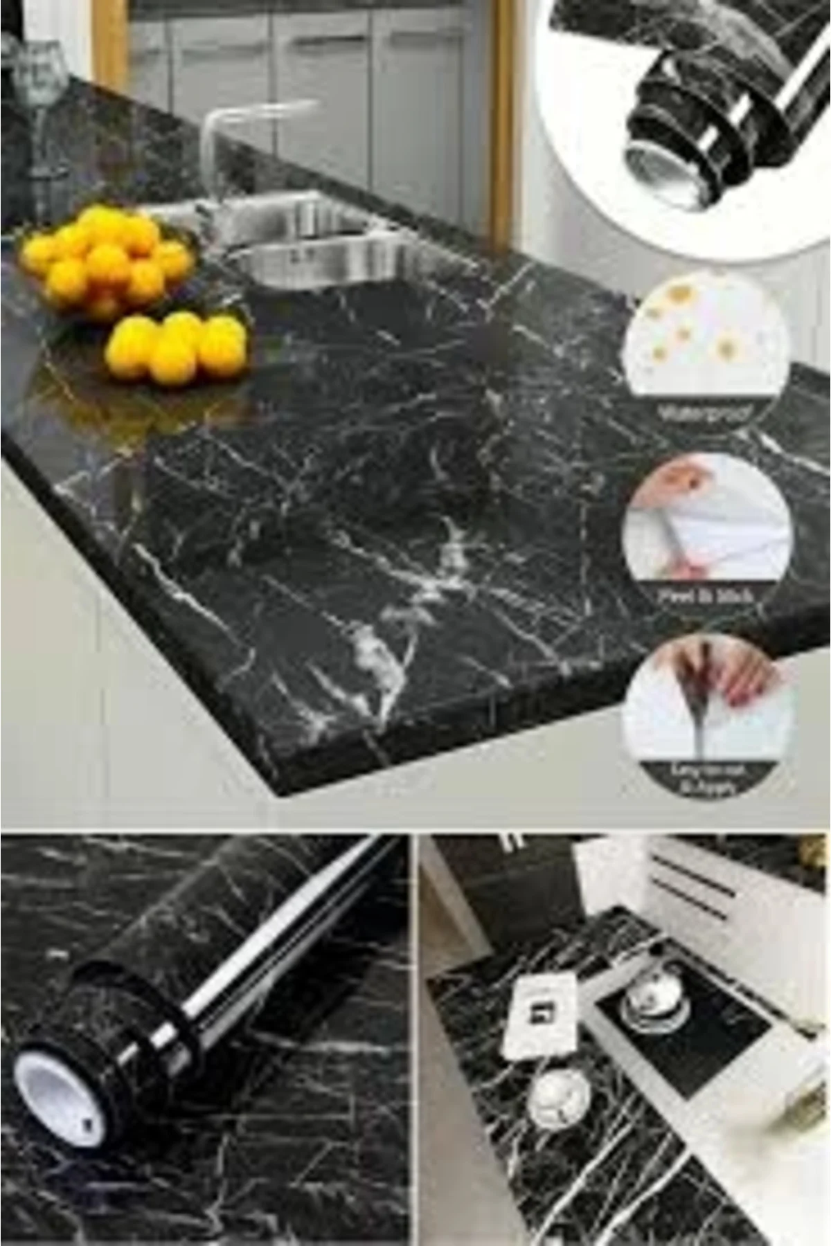 Siyah Mermer Desenli Yapışkanlı Tezgah Folyosu (3 Mt.x 60 Cm) - L