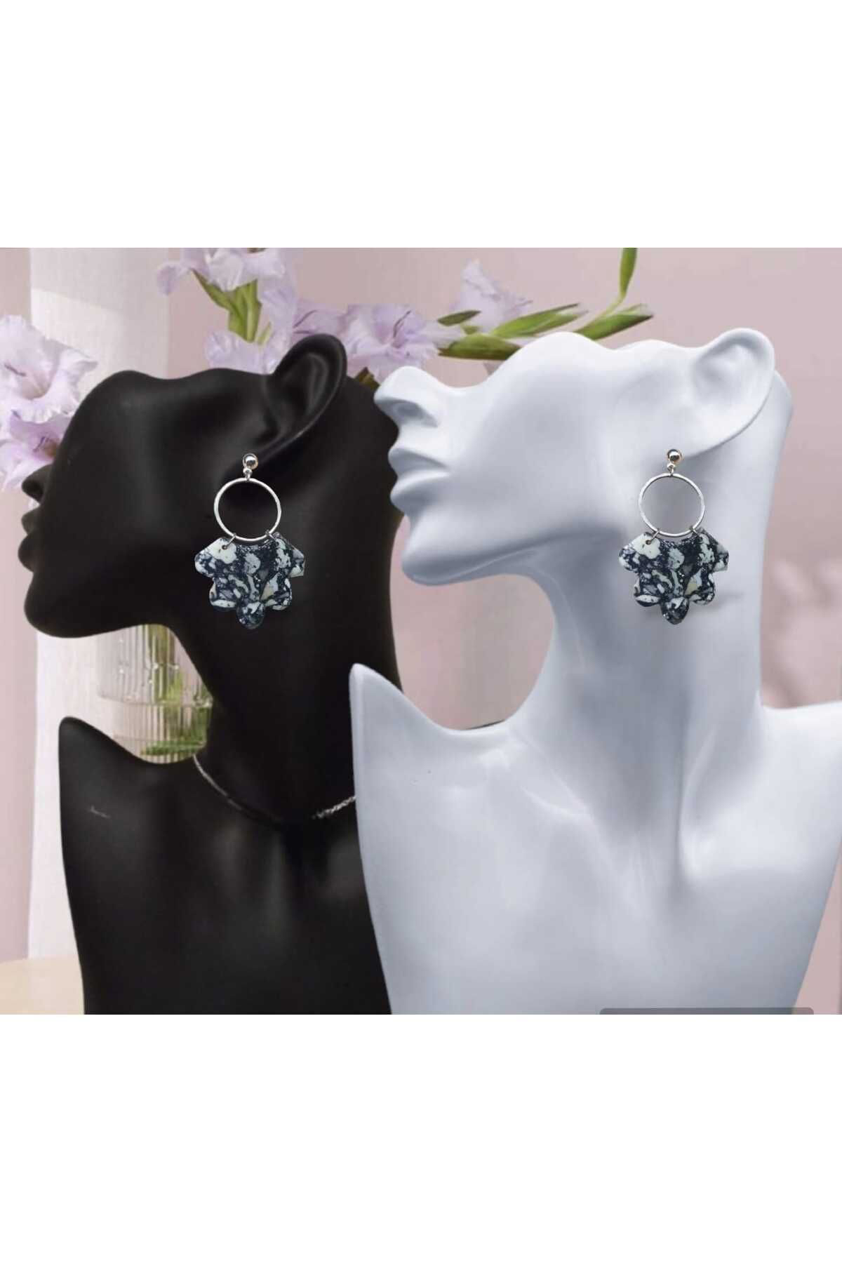 Siyah Mermer Görünümlü Polimerkil &epoksi Sallantılı Tasarım Küpe