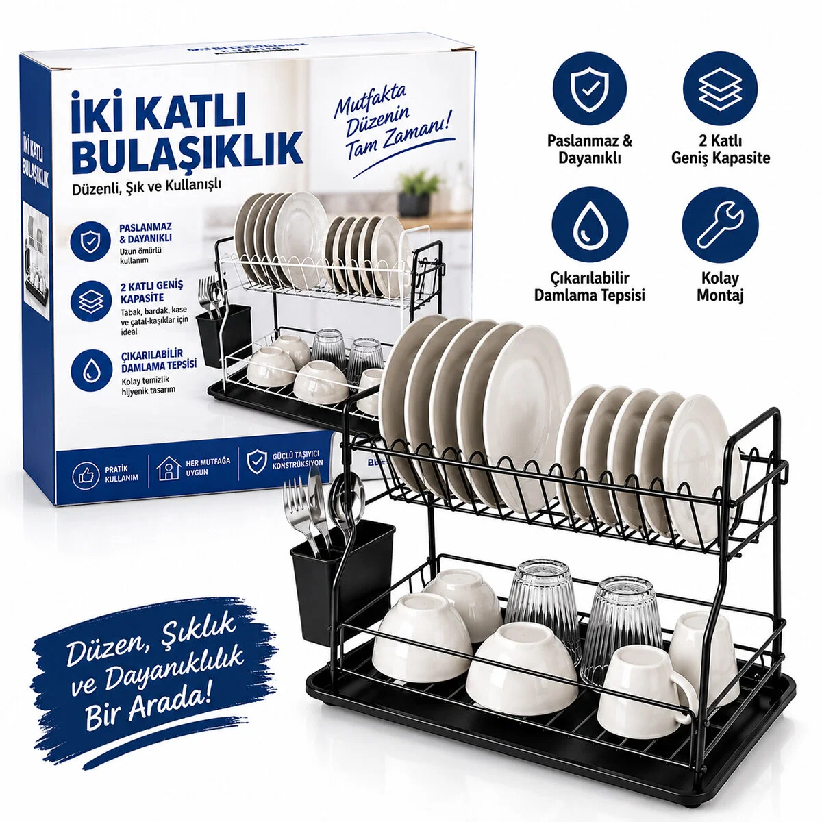 Siyah - Metal 2 Katlı Tabaklık - Bulaşıklık