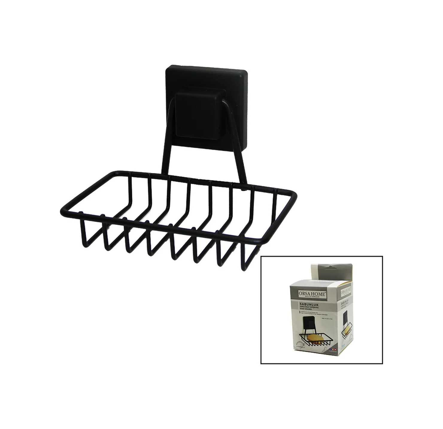 Siyah - Metal Katı Sabunluk Kare Güçlü Yapışkanlı 11x12.5x11cm 52