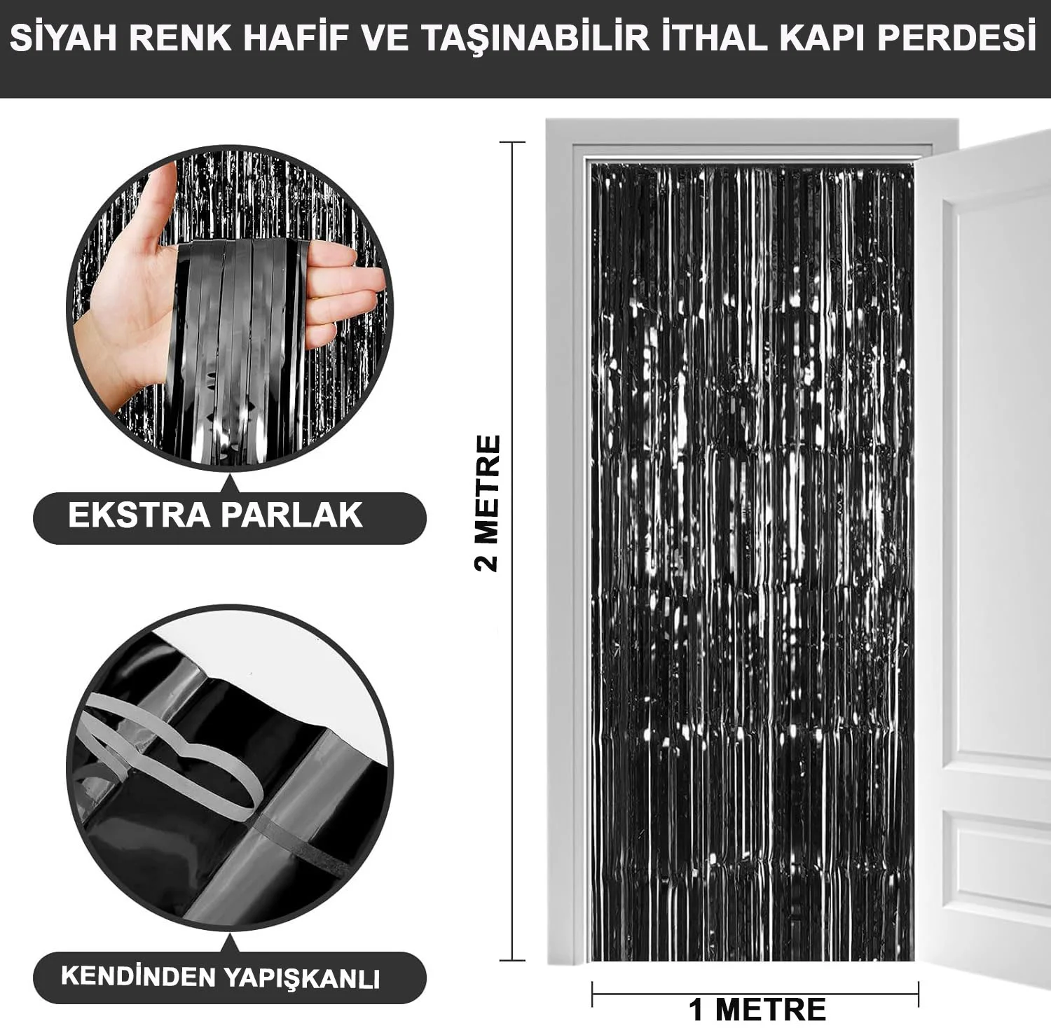 Siyah Metalize Parlak Saçaklı Arka Fon Perde – 1x2 Metre Sahne ve Dekorasyon Perdesi