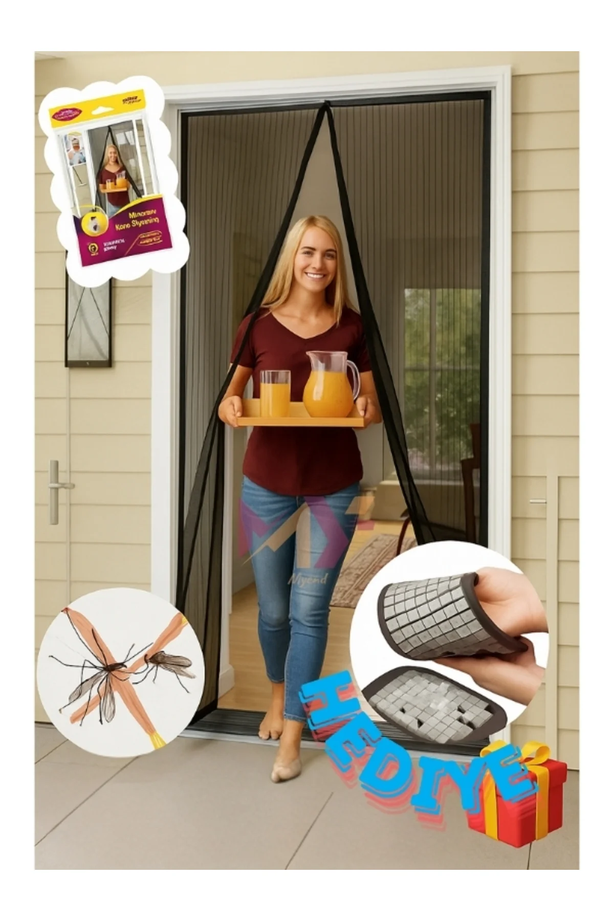 Siyah Mıknatıslı Balkon Bahçe Kapı Sinekliği, Kolay Birleştirme C