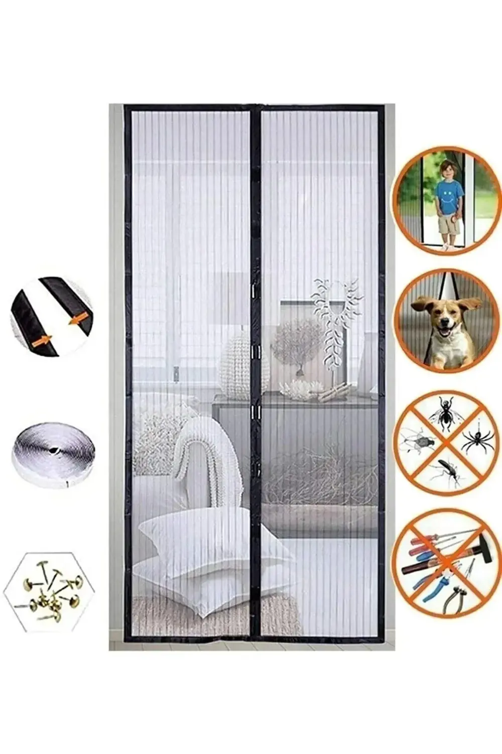 Siyah Mıknatıslı Kapı Sinekliği Balkon Bahçe Kapısı Sinek Böcek Ö