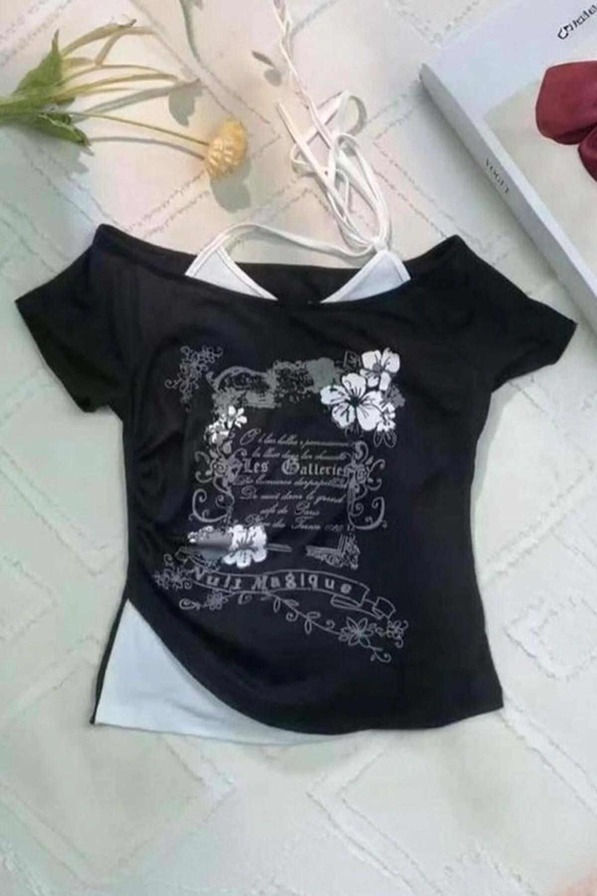 Siyah Nuit Magique Madonna Yaka Ek Askılı Y2K Kısa Kollu Full Bod