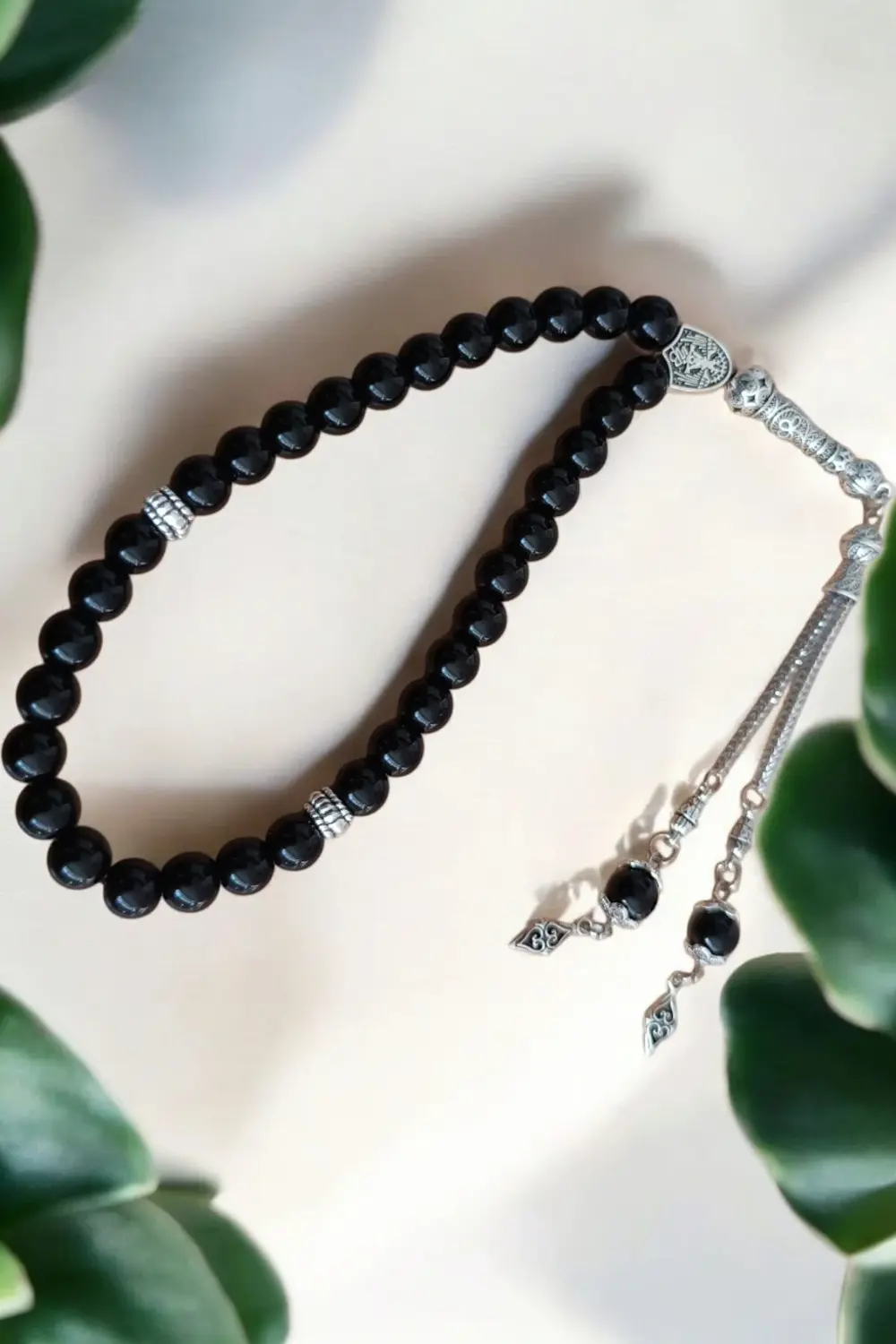 Siyah Oniks Tesbih 33' Lük Tesbih Orijinal Doğal Taş Parlak Siyah