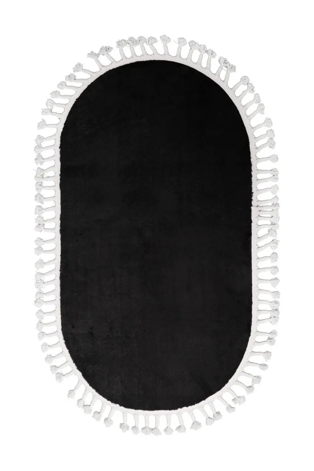 Siyah Oval Post Dokuma Halı Saçaklı Peluş Yumuşacık Kaymaz Antiba