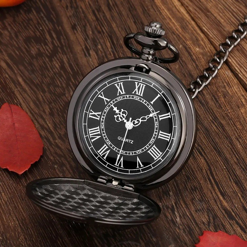 Stillove Siyah Oymalı Desenli Lüx Zincirli Köstekli Cep Saati