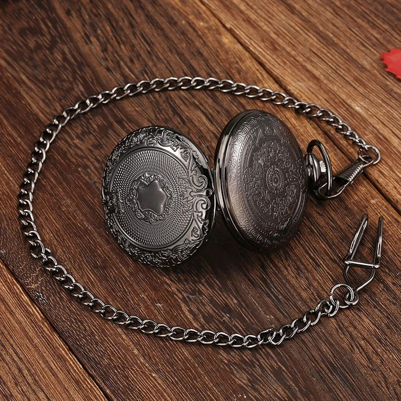 Stillove Siyah Oymalı Desenli Lüx Zincirli Köstekli Cep Saati