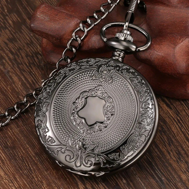 Stillove Siyah Oymalı Desenli Lüx Zincirli Köstekli Cep Saati