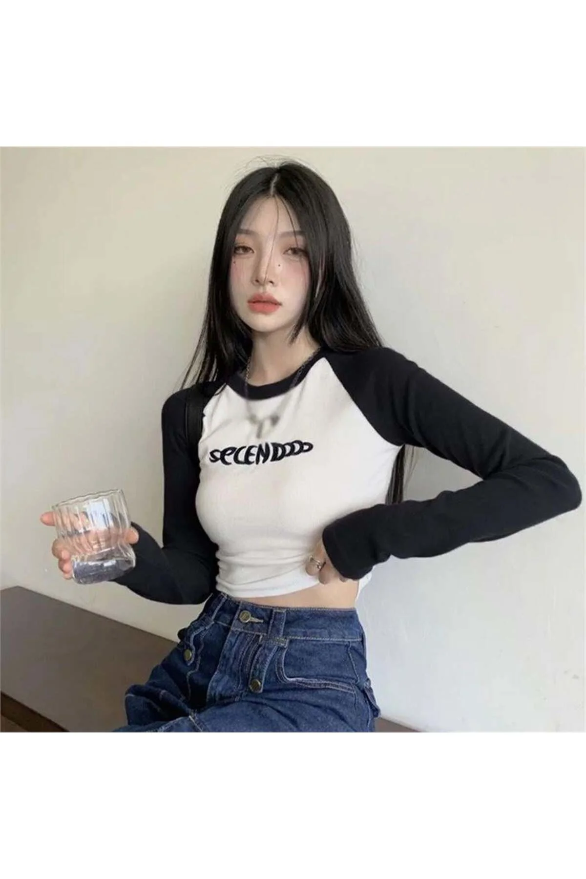 Siyah Parçalı Beyaz Secendo Raglan Uzun Kollu Crop