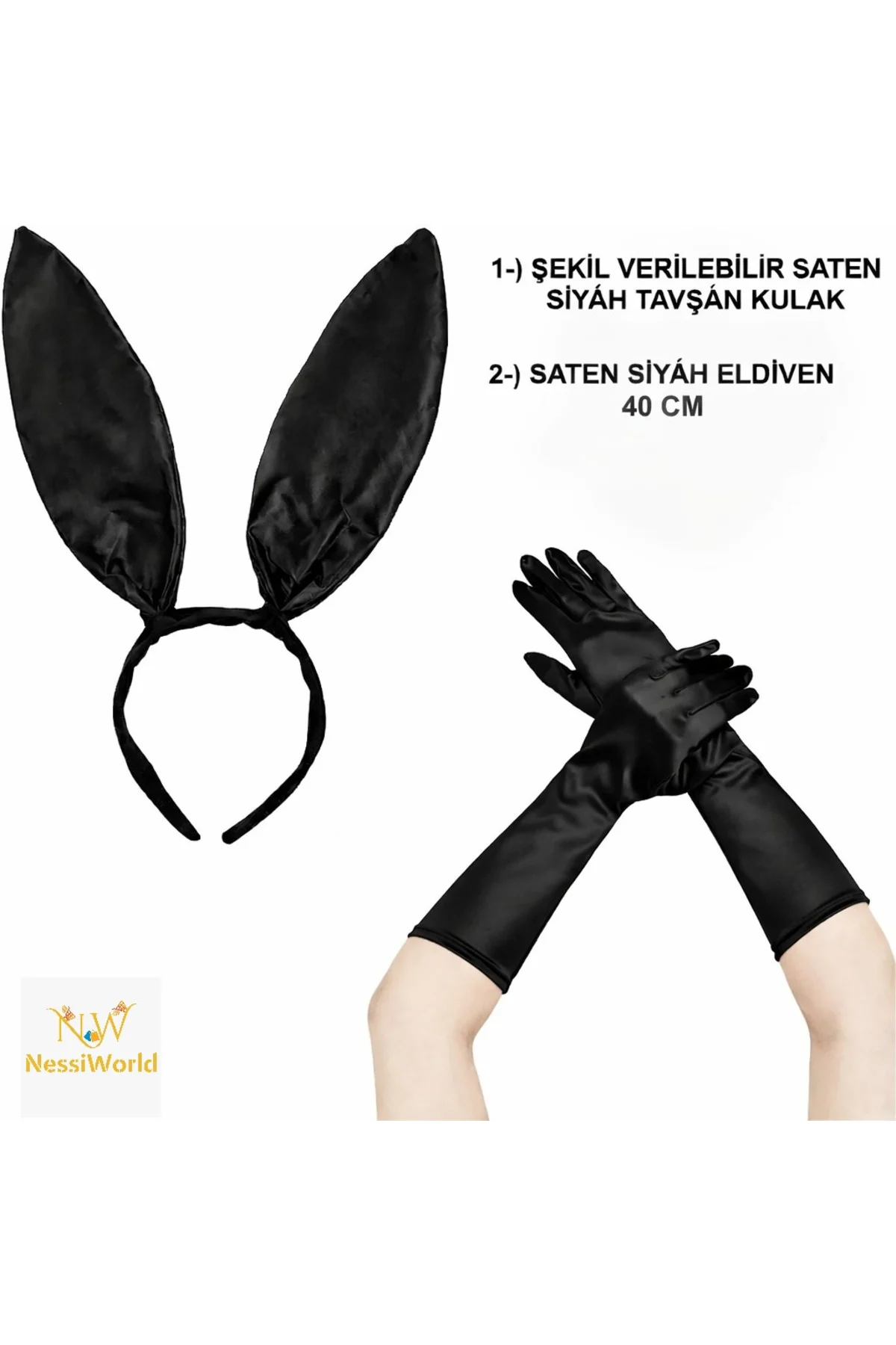 Siyah Parlak Tavşan Kulak ve 40 cm Parlak Siyah Eldiven Kostüm Seti