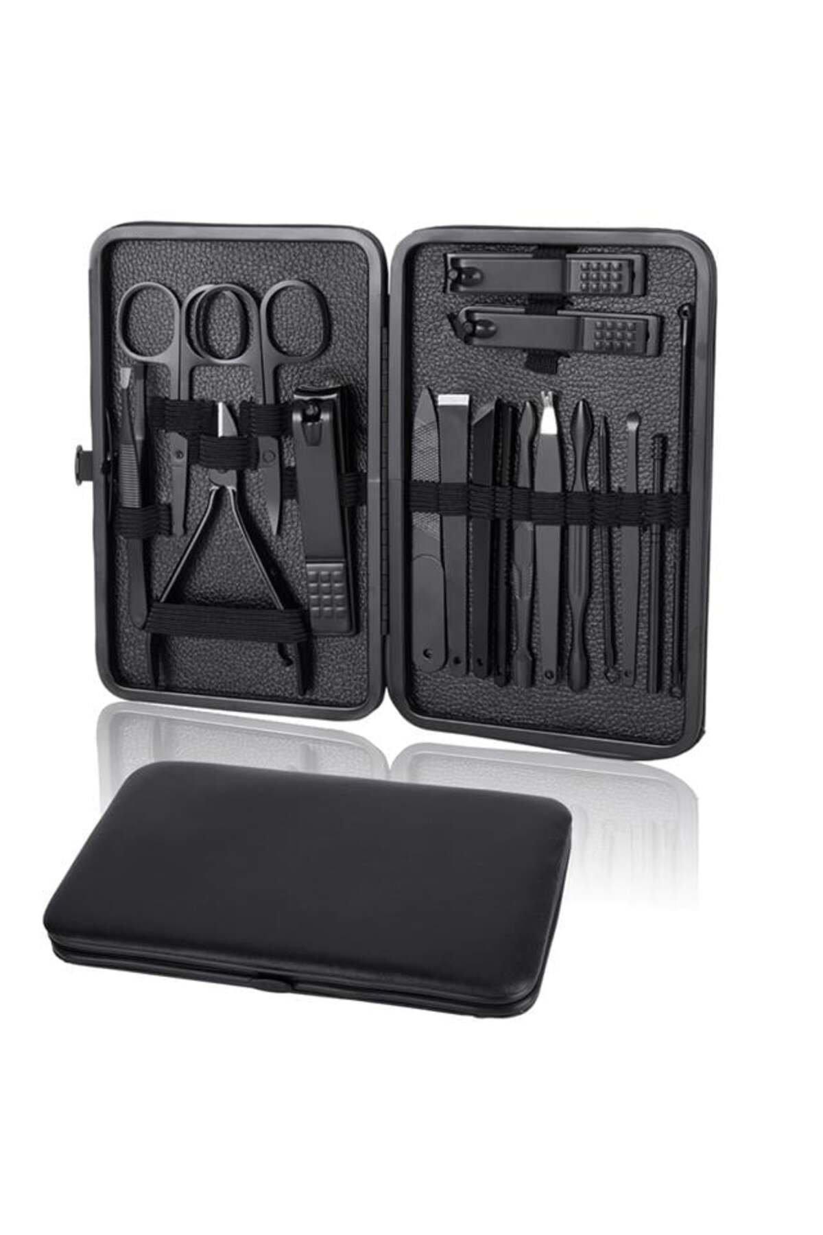 Siyah Paslanmaz Çelik 18in1 Profesyonel Manikür Tırnak Bakım Seti