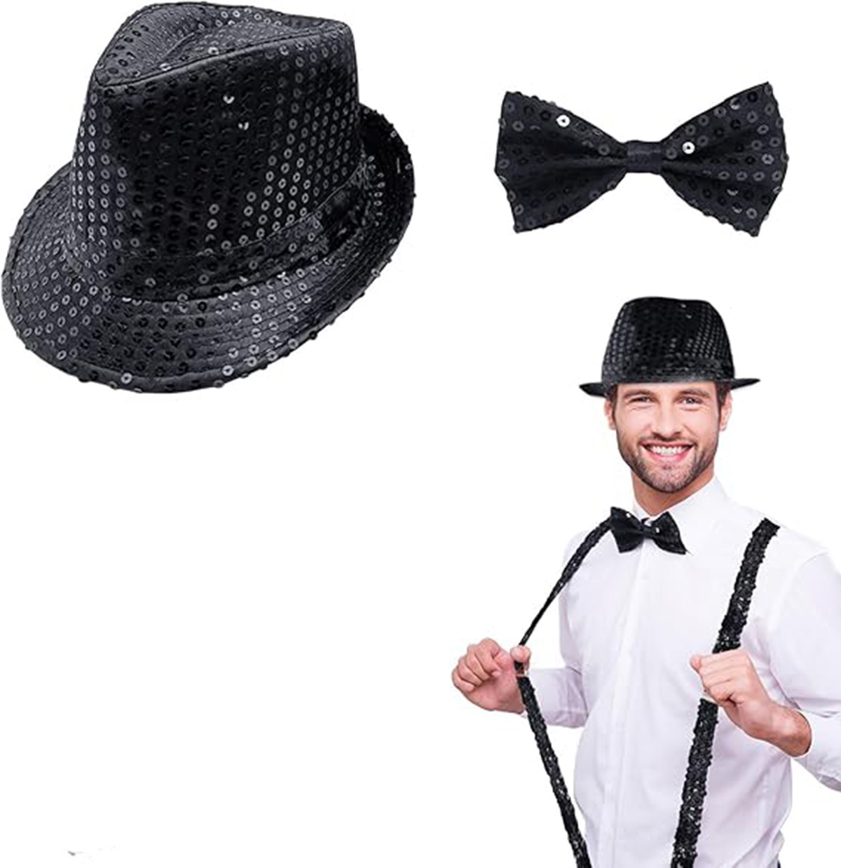 Siyah Payetli Şapka ve Papyon Seti – Parıltılı Yetişkin Kostüm Se Siyah Payetli Şapka ve Papyon Seti – Parıltılı Yetişkin Kostüm Se