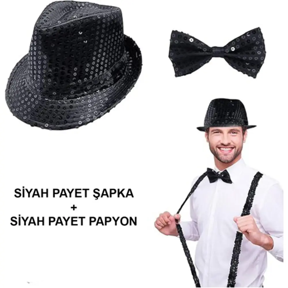 Siyah Payetli Şapka ve Papyon Seti – Parıltılı Yetişkin Kostüm Se