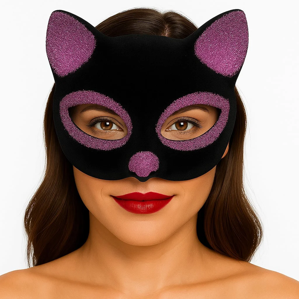 Siyah Pembe Simli Süet Kedi Maskesi - Maskeli Balolar İçin Şık Aksesuar