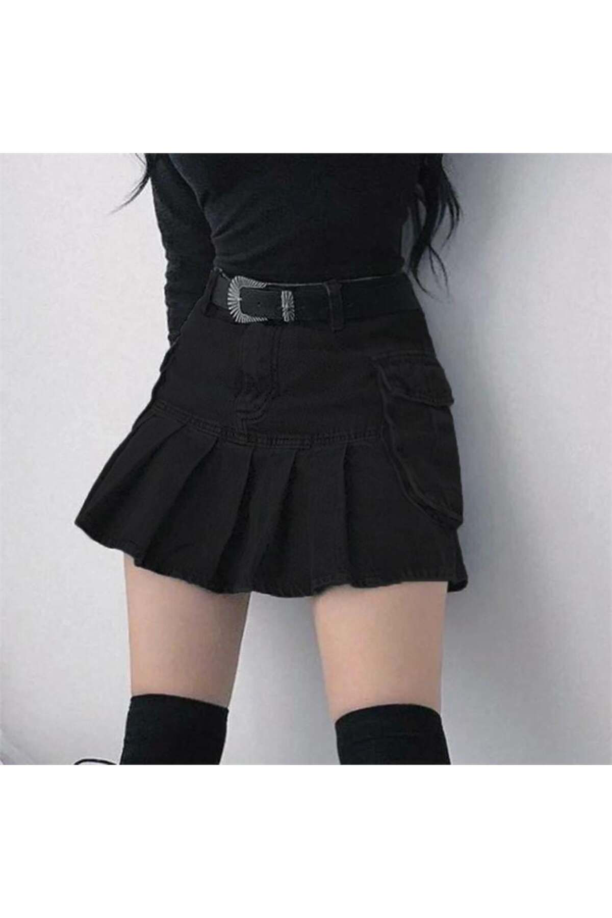 Köstebek Siyah Pileli Çift Cepli Kot Mini Etek