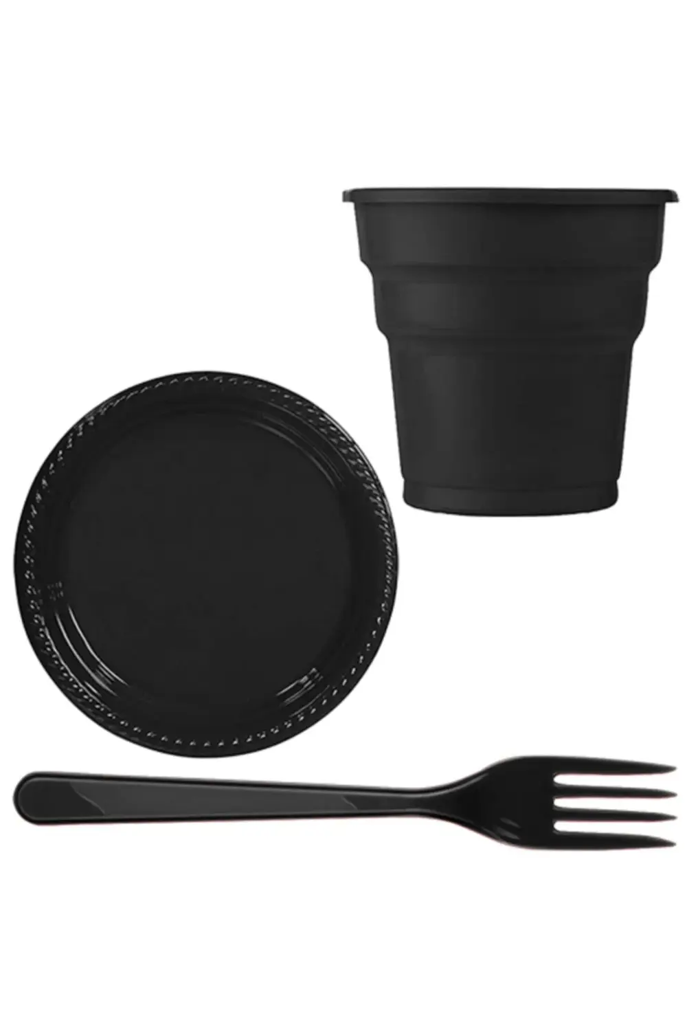 Siyah Plastik 16 Kişilik Tabak Bardak Çatal Set