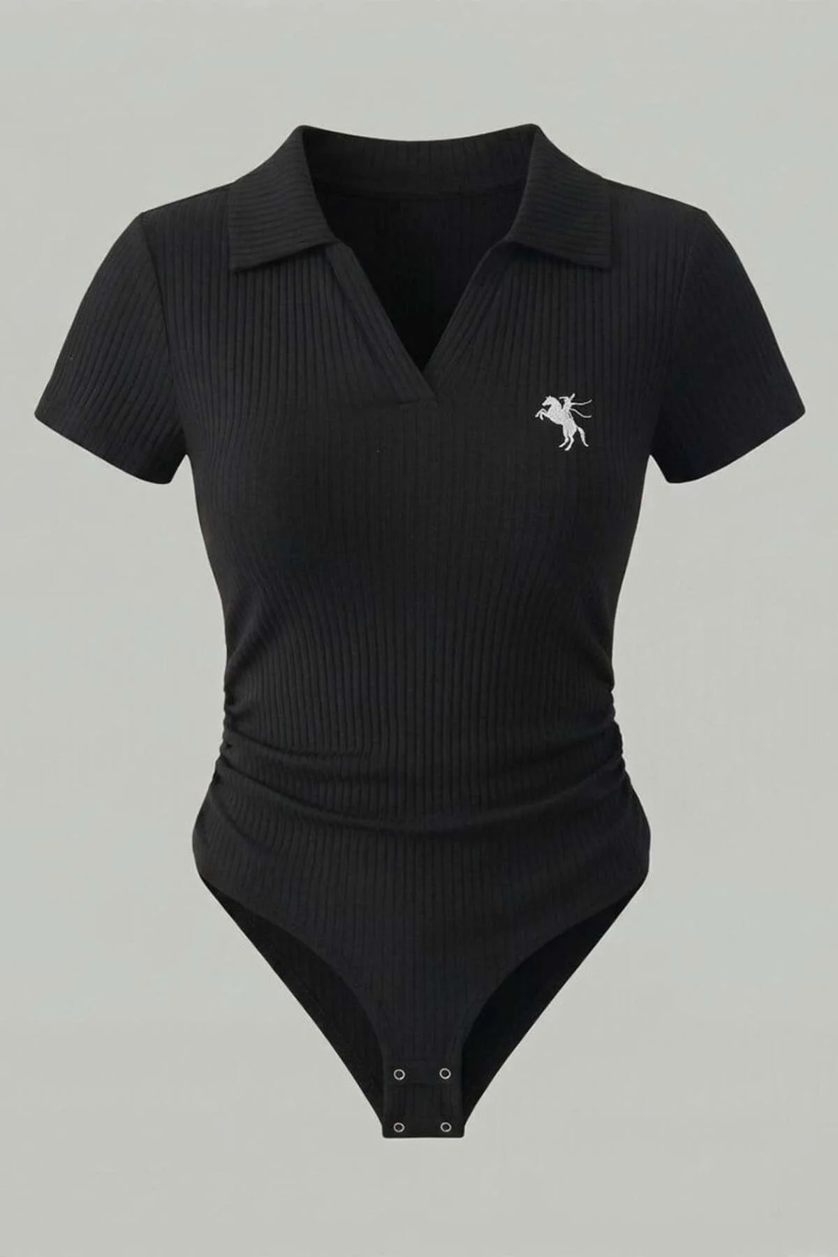 Siyah Polo Ribana Y2K Çıtçıtlı Body