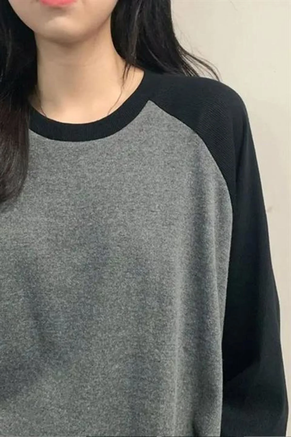 Siyah Raglan Kollu Antrasit Basic Y2K Unisex Sweatshirt