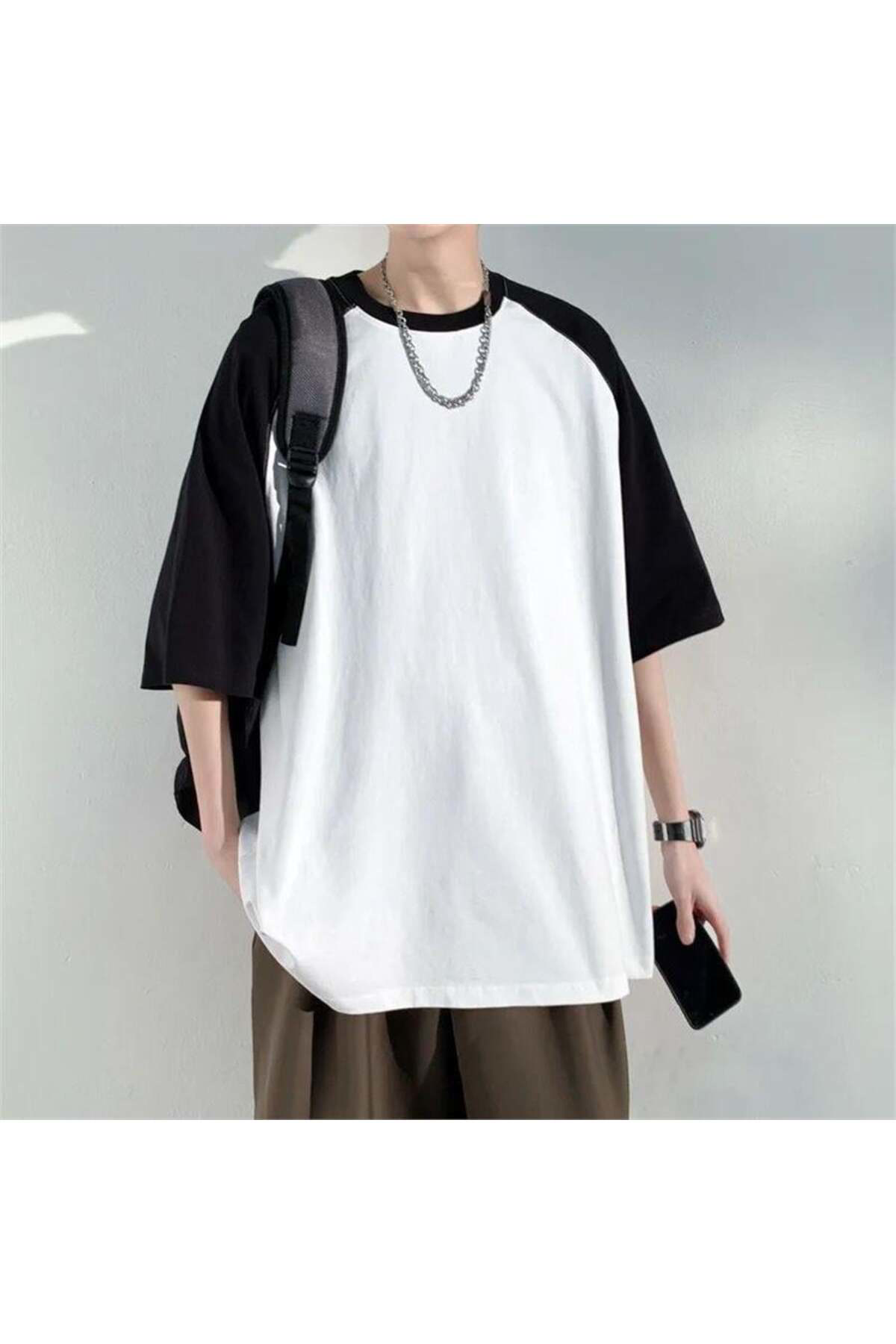 Siyah Raglan Kollu Beyaz Basic Unisex T-Shirt