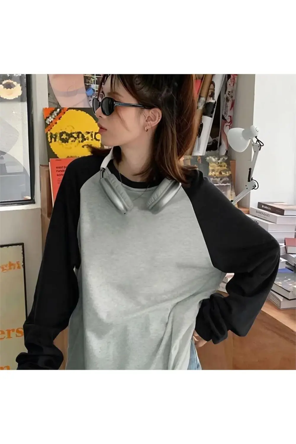 Siyah Raglan Kollu Düz Gri Melanj Oversize Unisex Uzun Kollu