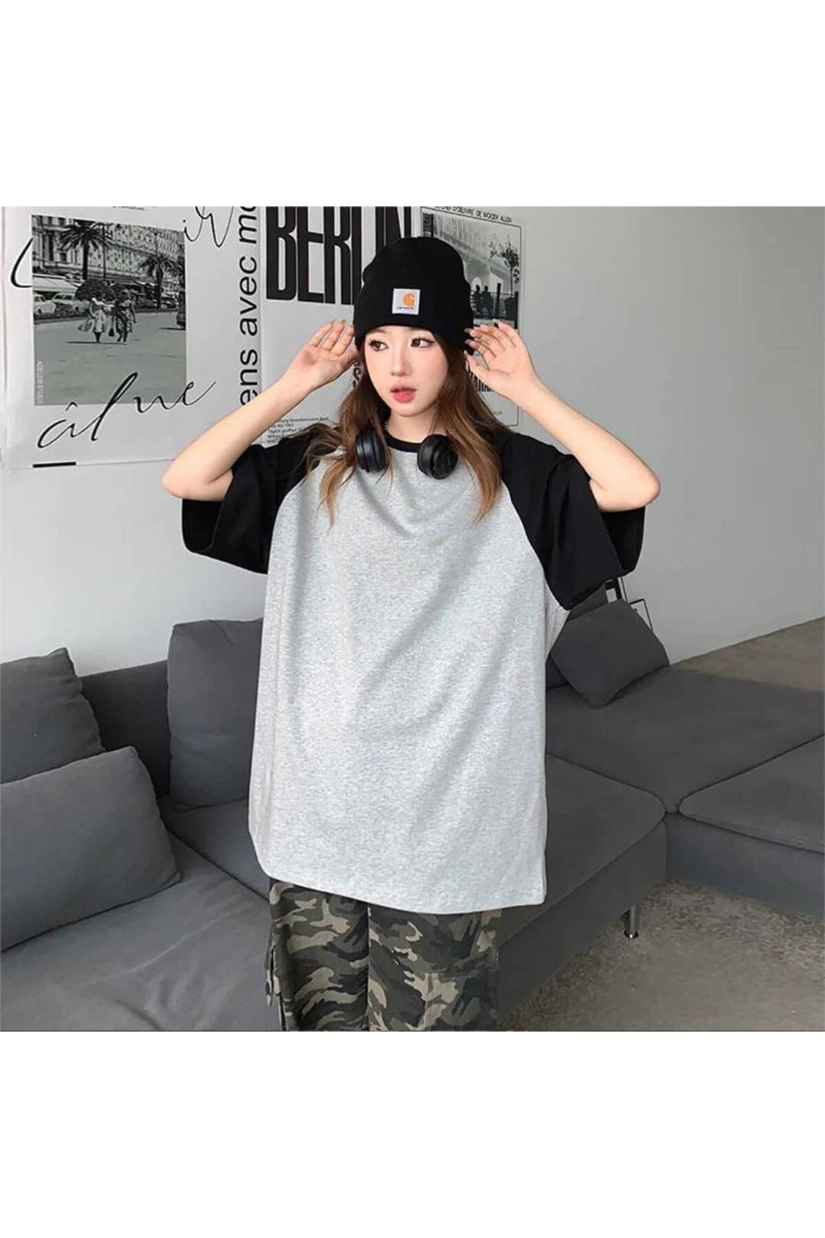Siyah Raglan Kollu Gri Melanj Basic Unisex T-Shirt