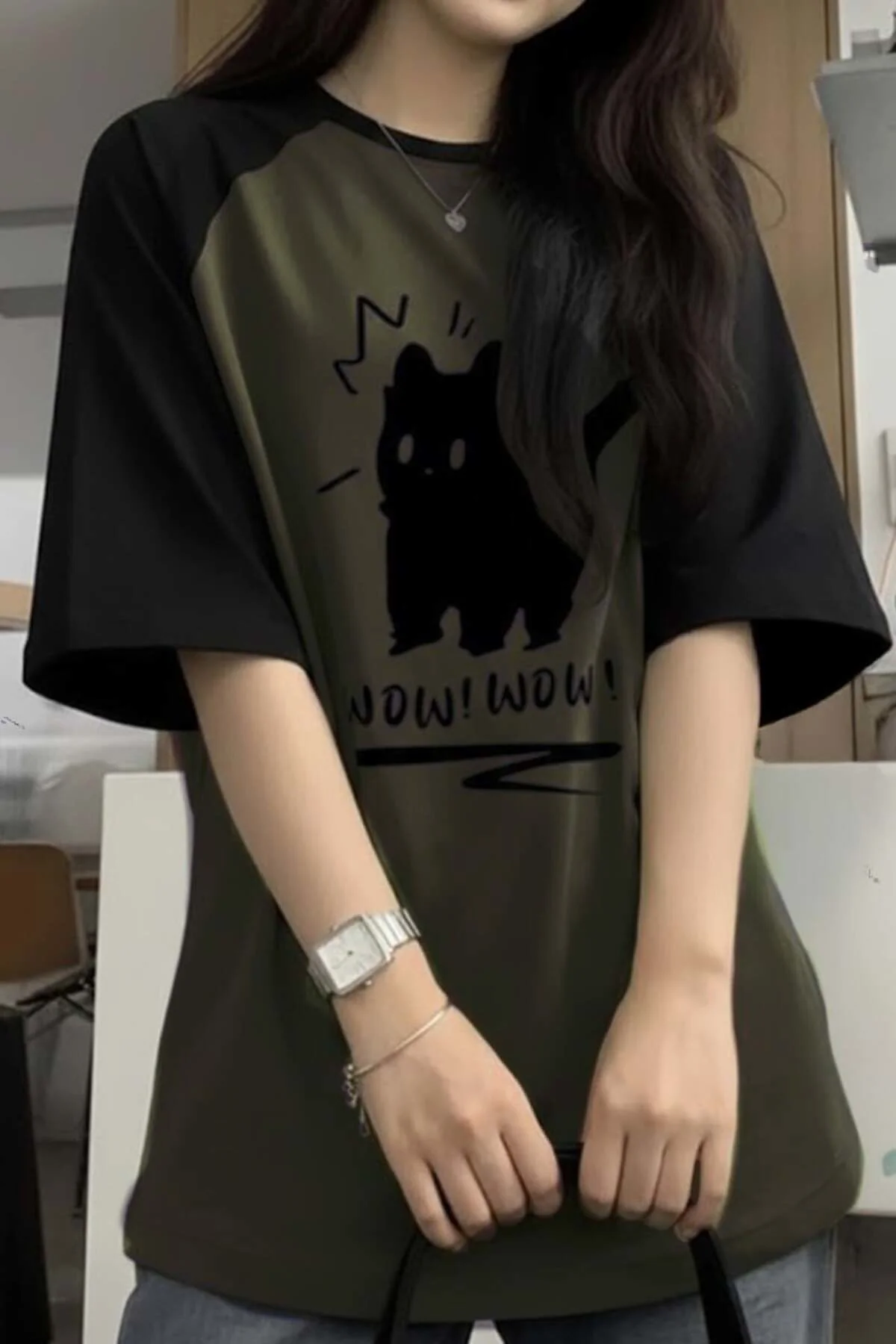 Siyah Raglan Yeşil Wow! Wow! Cat Y2K Unisex T-Shirt Siyah Raglan Yeşil Wow! Wow! Cat Y2K Unisex T-Shirt