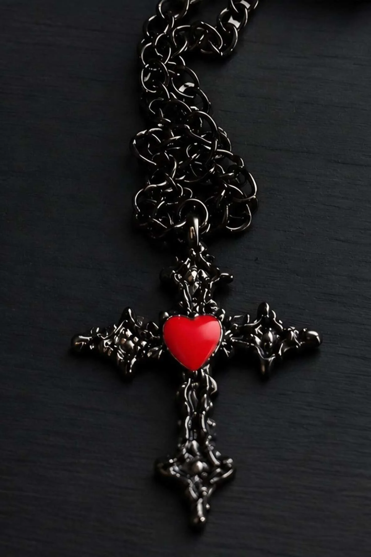 Siyah Red Heart Cross Gotik Kolye