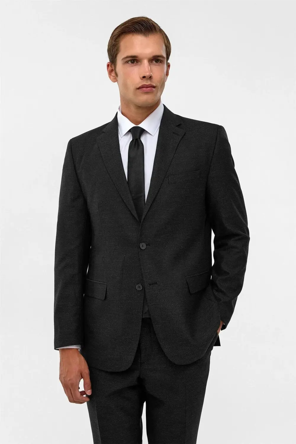 Süvari Siyah Regular Armürlü Sivri Yaka 6 Drop Takım Elbise