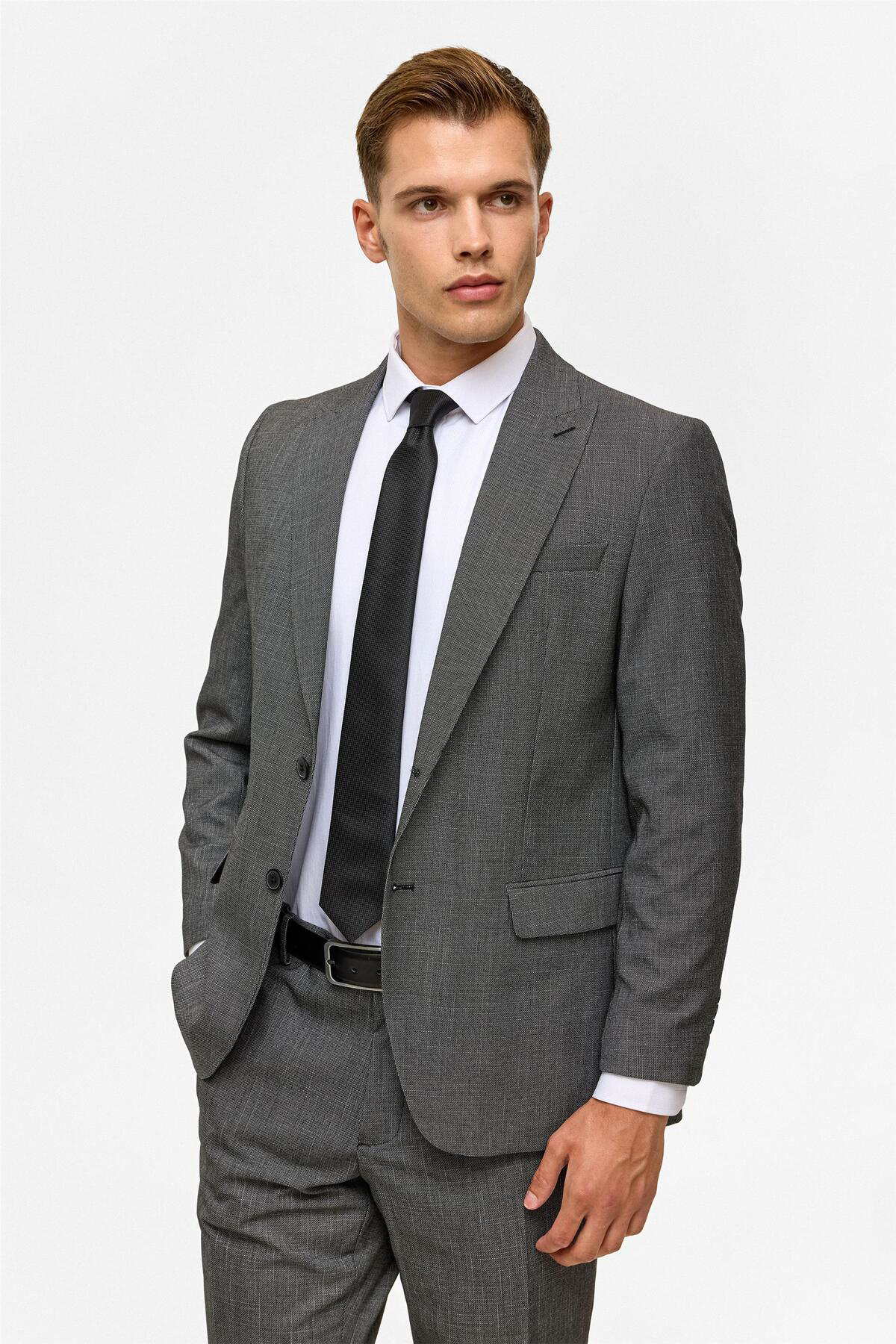 Süvari Siyah Regular Desenli Sivri Yaka 4 Drop Takım Elbise