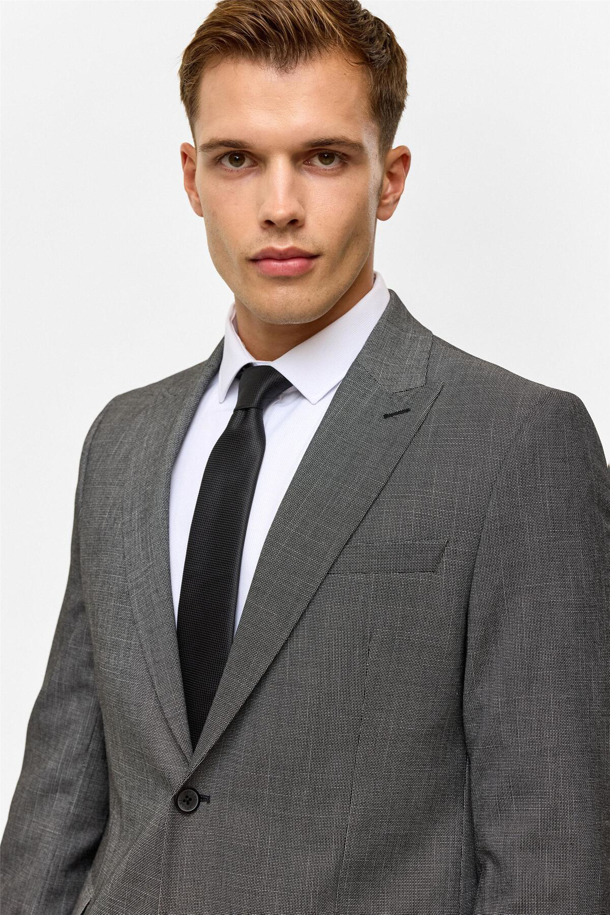 Süvari Siyah Regular Desenli Sivri Yaka 4 Drop Takım Elbise