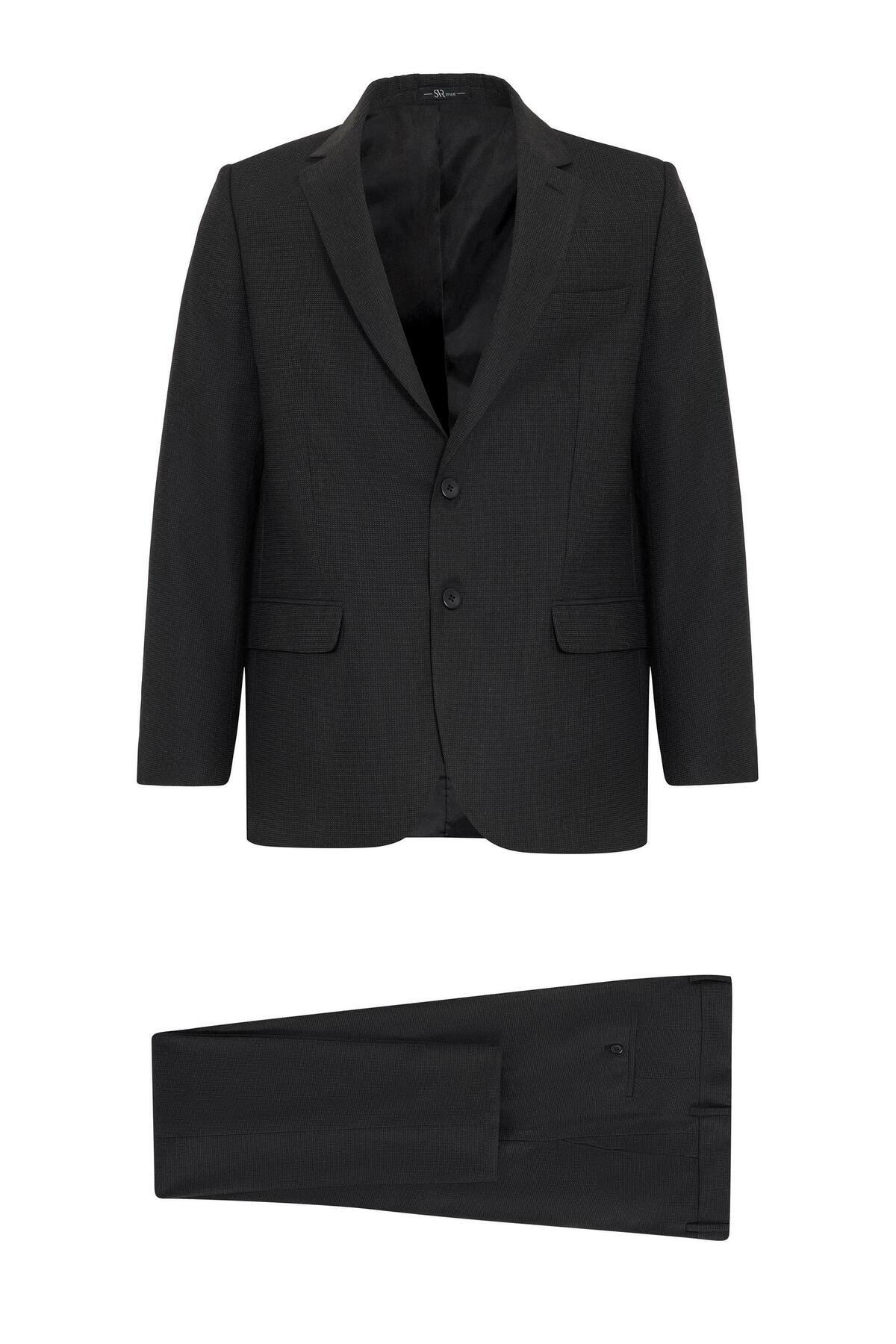 Siyah Regular Desenli Mono Yaka 4 Drop Takım Elbise