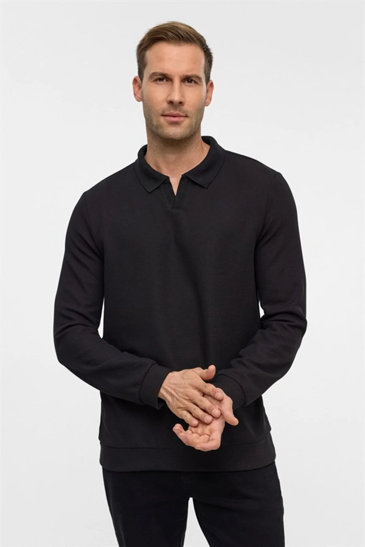 Siyah Regular Düz Fermuarlı Polo Yaka Sweatshirt - Görsel 2