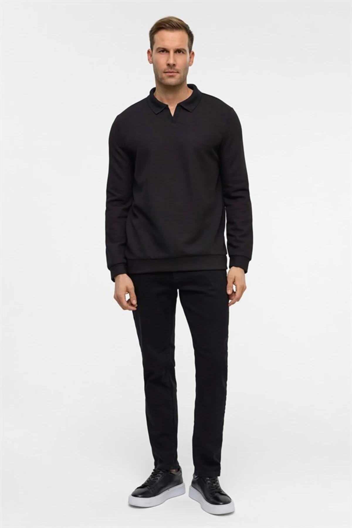 Siyah Regular Düz Fermuarlı Polo Yaka Sweatshirt - Görsel 7