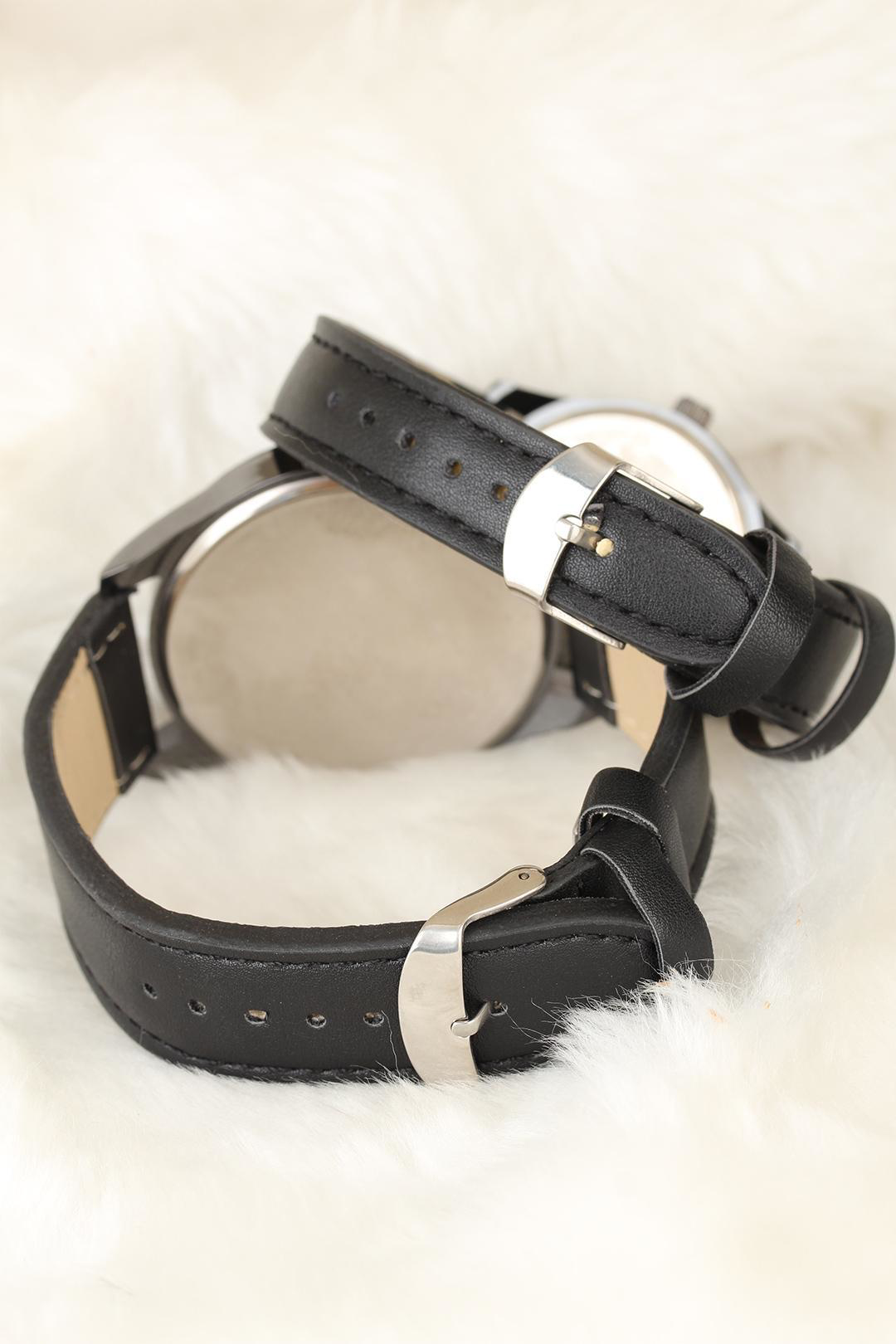 Siyah Renk Deri Kordonlu İstanbul Tasarımlı Sevgili Saatleri - TJ