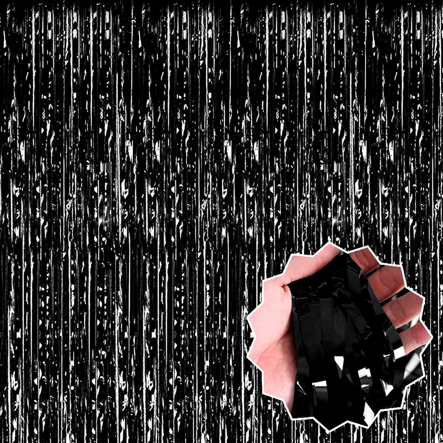 Siyah Renk Ekstra Metalize Parlak Saçaklı Arka Fon Perde İthal A