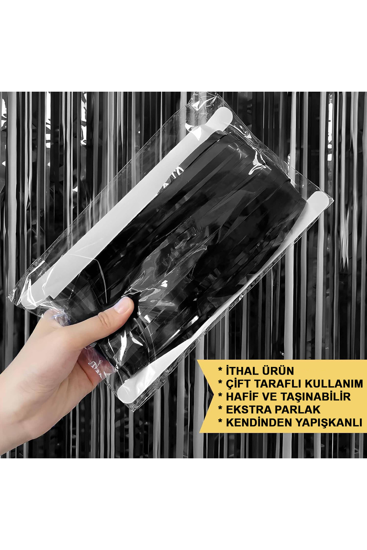 Astra Market Siyah Renk Ekstra Metalize Parlak Saçaklı Arka Fon Perde İthal A