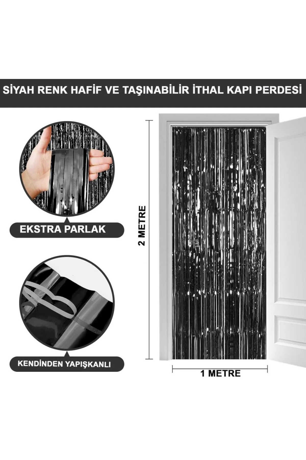 Siyah Renk Ekstra Metalize Parlak Saçaklı Arka Fon Perde İthal A Kalite 1x2 Metre NessiWorld