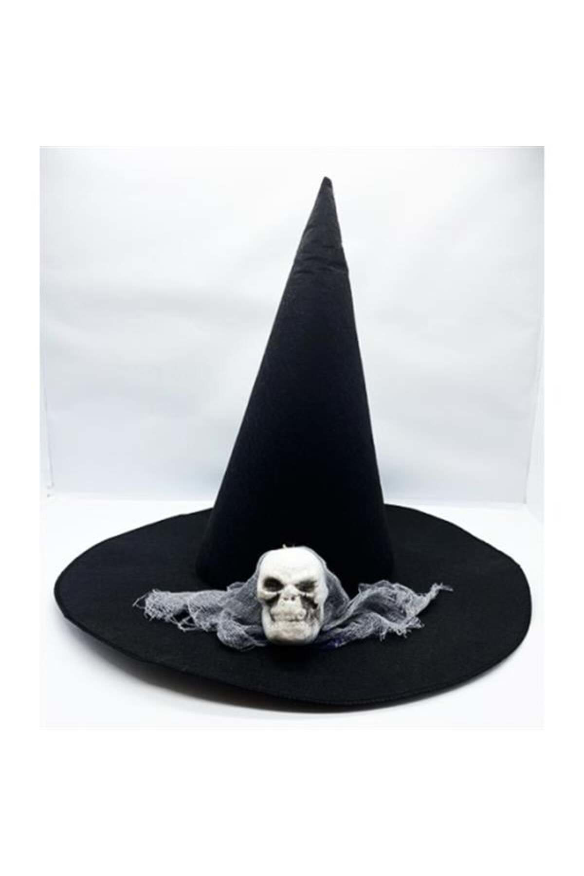 Markambol Siyah Renk Gri Duvaklı Kuru Kafa Temalı Cadı Şapkası 35X38 Cm