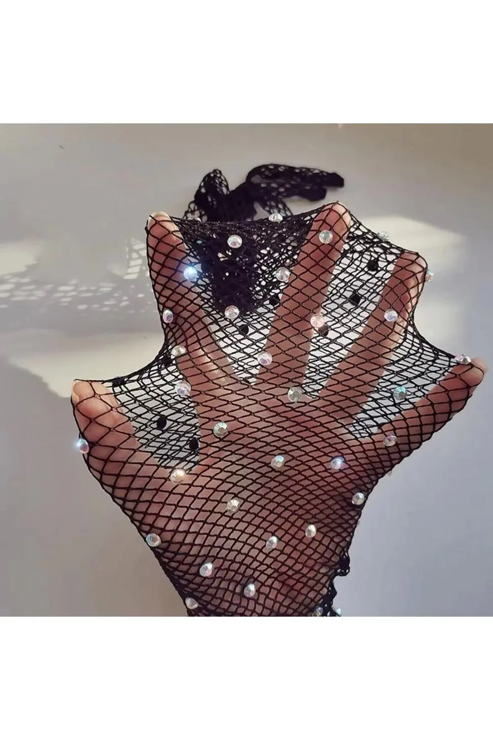 Siyah Renk İncili Elmas İşlemeli File Örgü Uzun Eldiven 45 cm