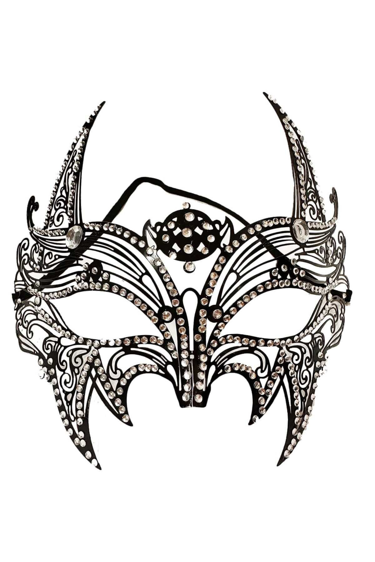 Ok Aksesuar Siyah Renk Lazer Kesim Üzeri Kristal Taşli Metal Lüks Maske Balo