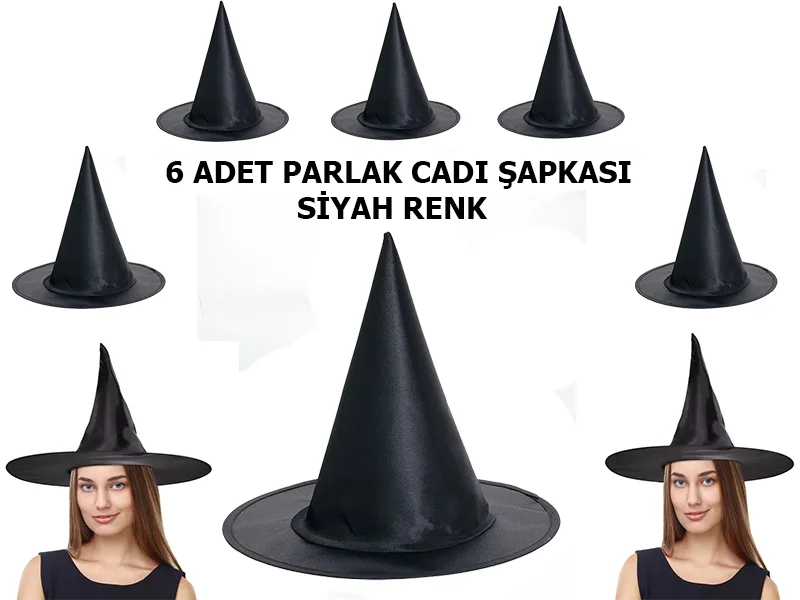 Siyah Renk Parlak Drn Cadı Şapkası Yetişkin ve Çuk Uyumlu 6 Adet