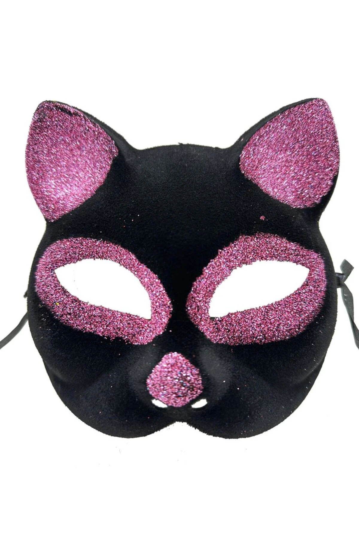 Siyah Renk Pembe Simli Süet Kedi Maskesi 18x14 cm