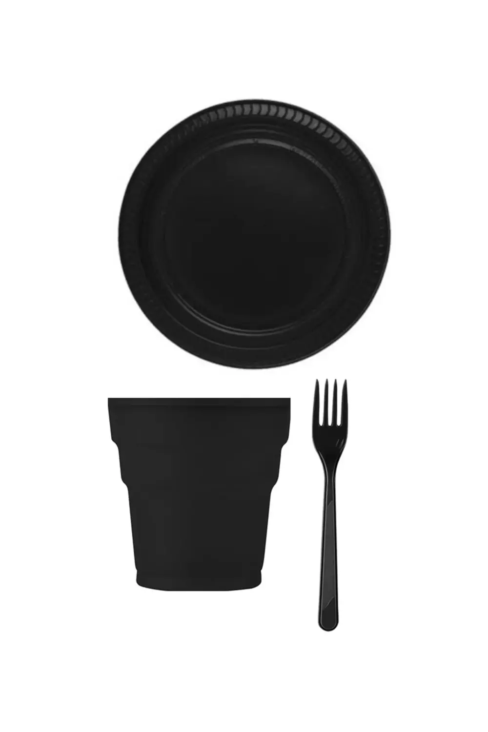 Siyah Renk Plastik Tabak Bardak Çatal Seti 24 Kişilik