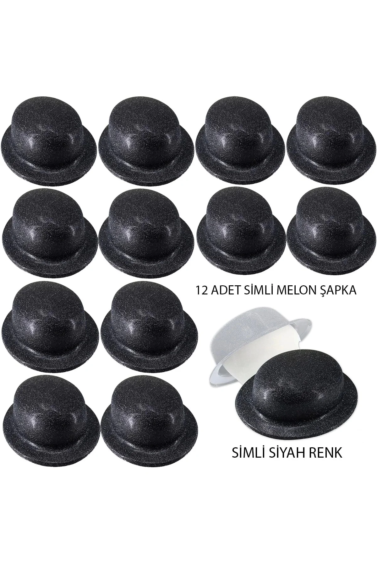 Siyah Renk Simli Melon Yuvarlak Parti Şapkası 12 Adet Siyah Renk Simli Melon Yuvarlak Parti Şapkası 12 Adet