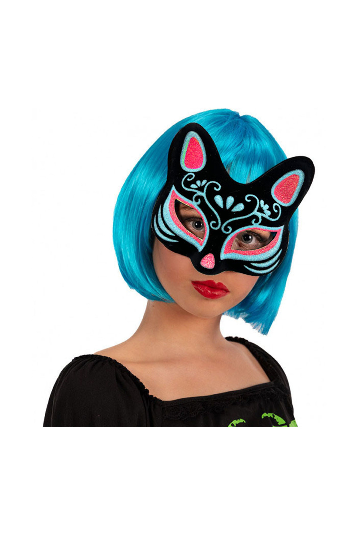 Ynt İthalat Siyah Renk Süet Kaplama Üzeri Mavi Kırmızı Simli Kedi Maskesi 17X
